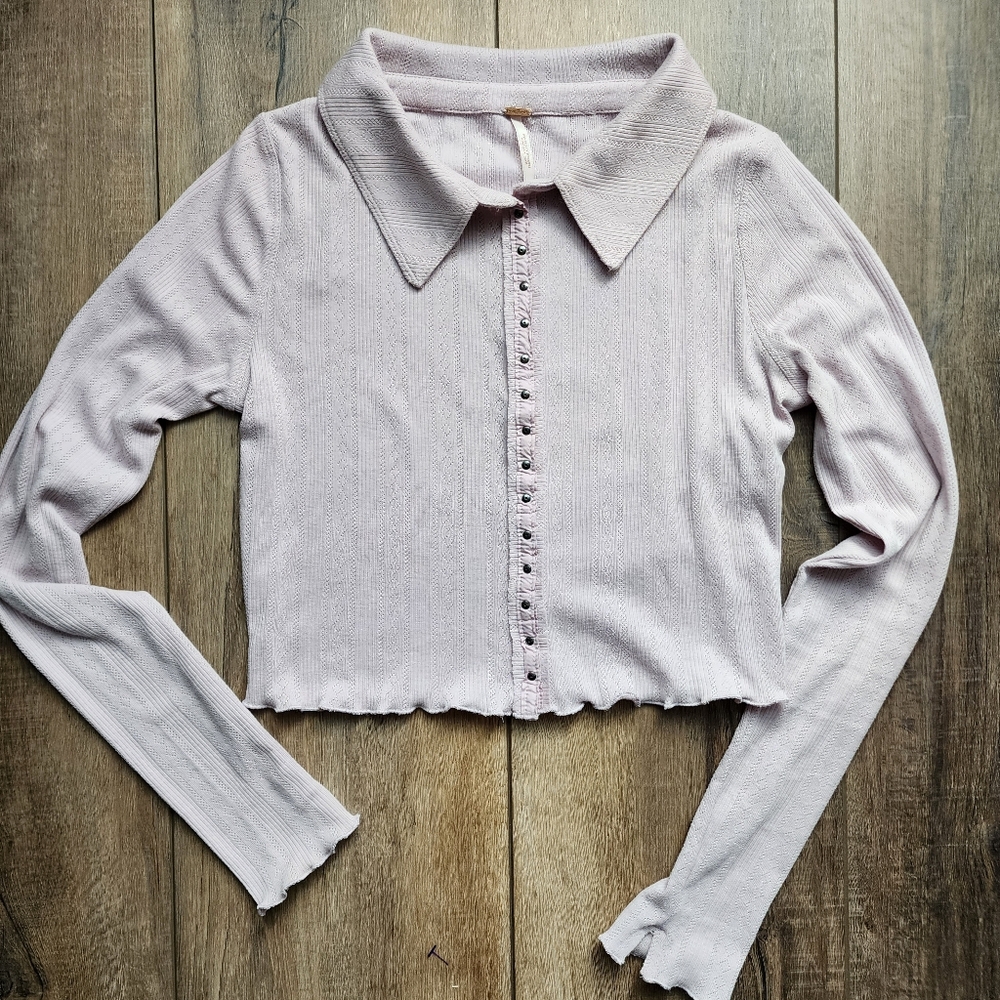 Free People Pointelle Long Sleeve Button Down Collared Top size small